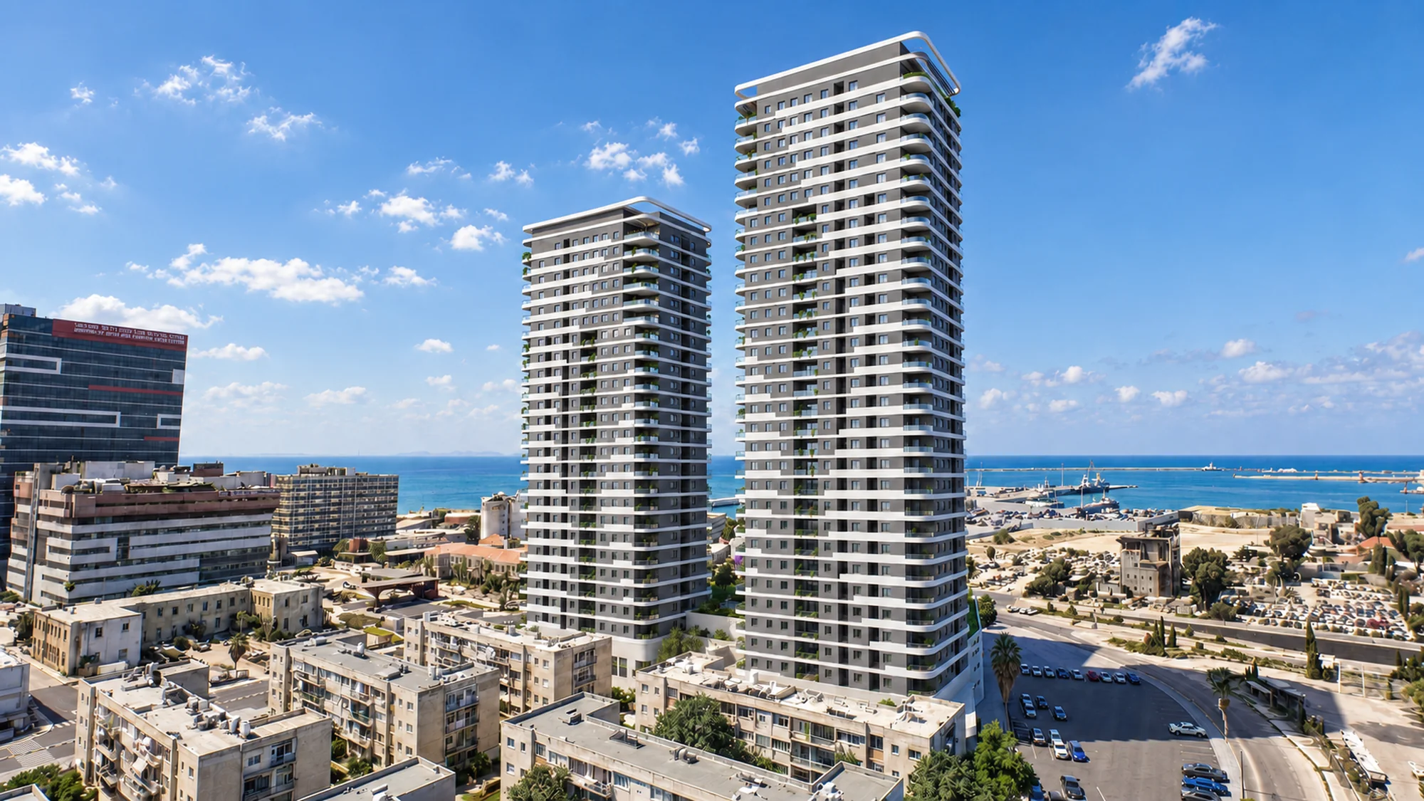 הדמיית הפרויקט — שני המגדלים מהצד, הים והנמל ברקע
